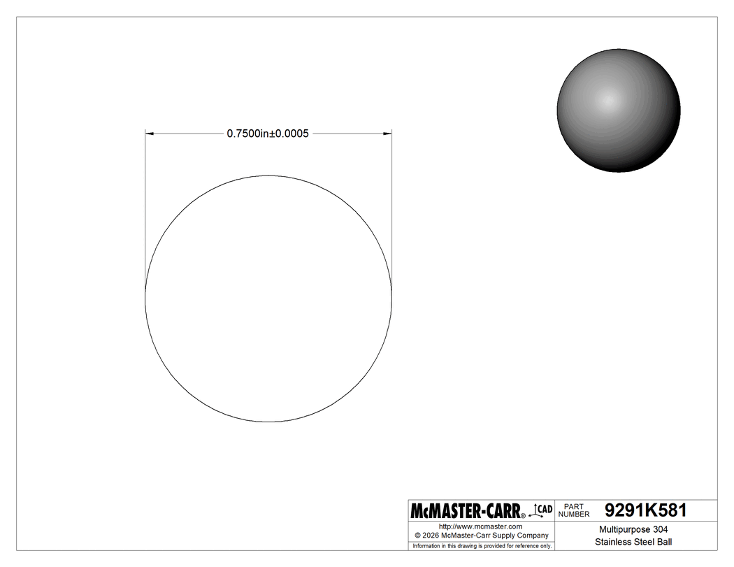 Technical Drawing of Multipurpose 304 Stainless Steel Ball, 3/4" Diameter.
